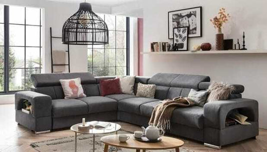 Ecksofa FEWA - Vielseitiges Sofa mit beidseitig montierbarem Schenkel und integriertem Bettkasten