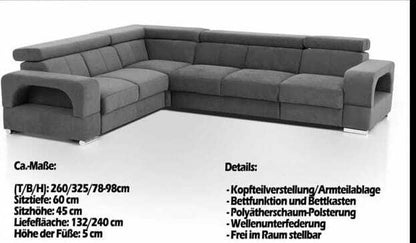 Ecksofa FEWA - Vielseitiges Sofa mit beidseitig montierbarem Schenkel und integriertem Bettkasten