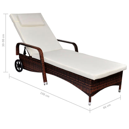 Sonnenliege mit Polster & Rollen Poly Rattan Braun