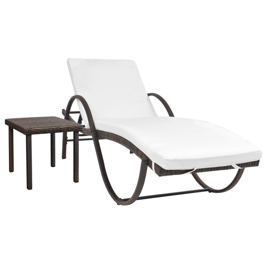 Sonnenliege mit Auflage & Tisch Poly Rattan Braun