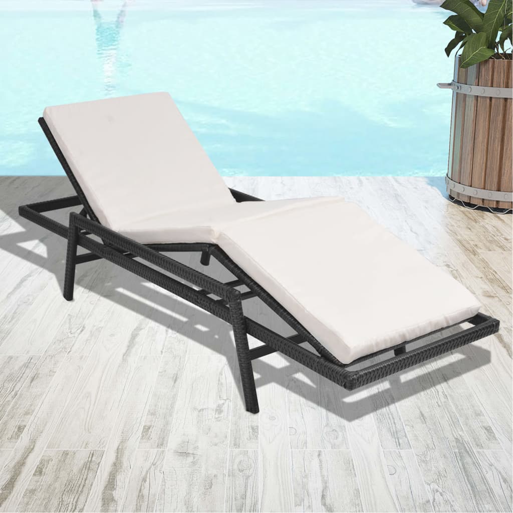 Sonnenliege mit Auflage Poly Rattan Schwarz