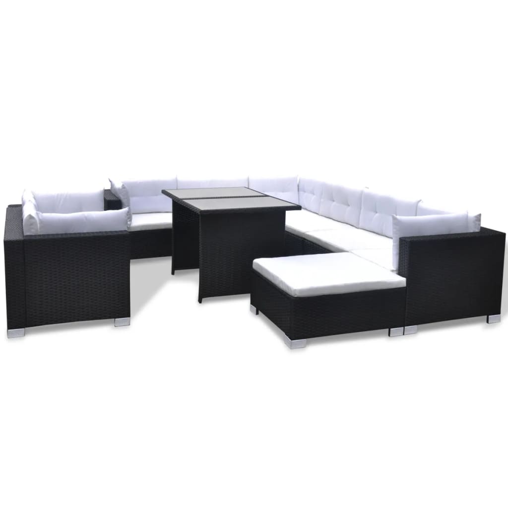 10-tlg. Garten-Lounge-Set mit Auflagen Poly Rattan Schwarz