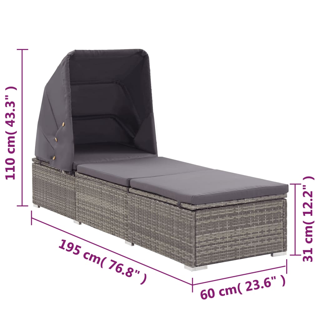 Sonnenliege mit Sonnenschutz und Auflagen Poly Rattan Grau