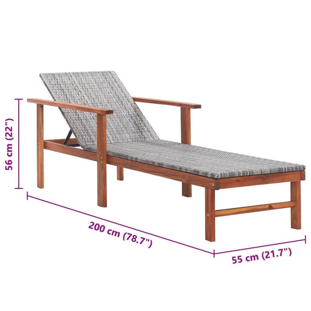 Sonnenliege Poly Rattan und Massivholz Akazie Grau