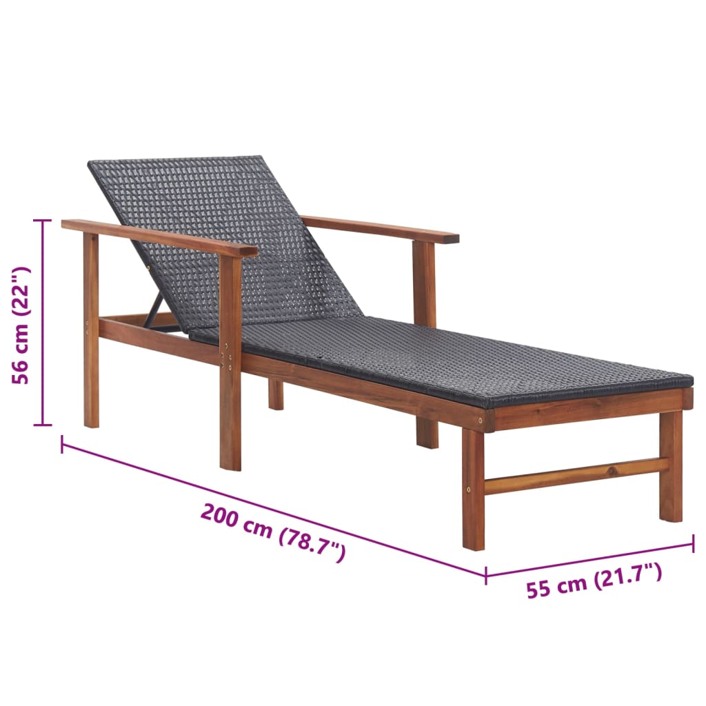 Sonnenliege Poly Rattan und Massivholz Akazie Schwarz