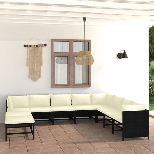 11-tlg. Garten-Lounge-Set mit Kissen Poly Rattan Schwarz