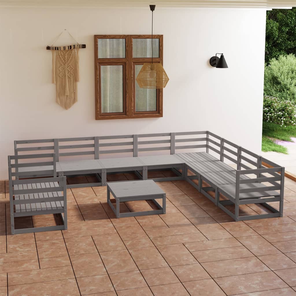 11-tlg. Garten-Lounge-Set Grau Kiefer Massivholz