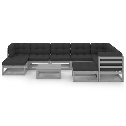 10-tlg. Garten-Lounge-Set mit Kissen Grau Massivholz Kiefer