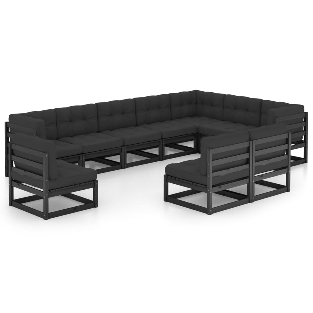 10-tlg. Garten-Lounge-Set mit Kissen Schwarz Massivholz Kiefer