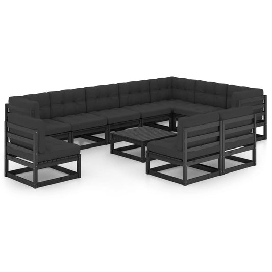 11-tlg. Garten-Lounge-Set mit Kissen Schwarz Kiefer Massivholz