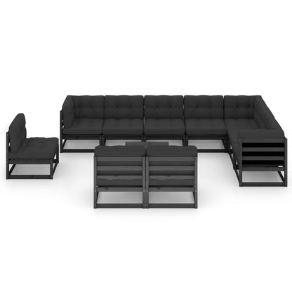 11-tlg. Garten-Lounge-Set mit Kissen Schwarz Kiefer Massivholz