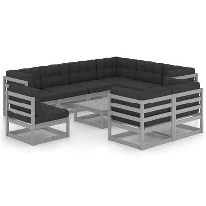 10-tlg. Garten-Lounge-Set mit Kissen Grau Massivholz Kiefer