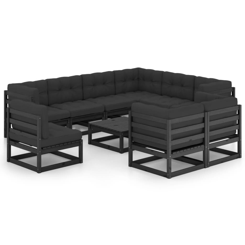 10-tlg. Garten-Lounge-Set mit Kissen Schwarz Massivholz Kiefer