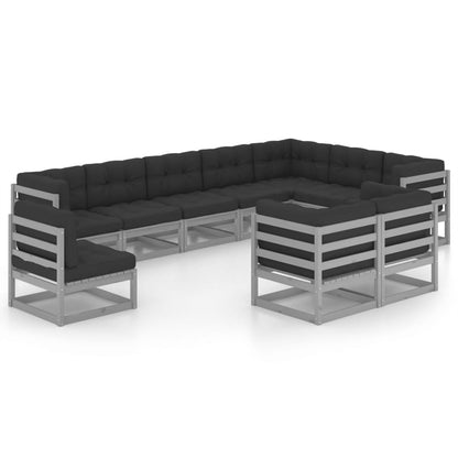 10-tlg. Garten-Lounge-Set mit Kissen Grau Massivholz Kiefer