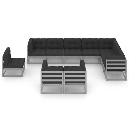 10-tlg. Garten-Lounge-Set mit Kissen Grau Massivholz Kiefer