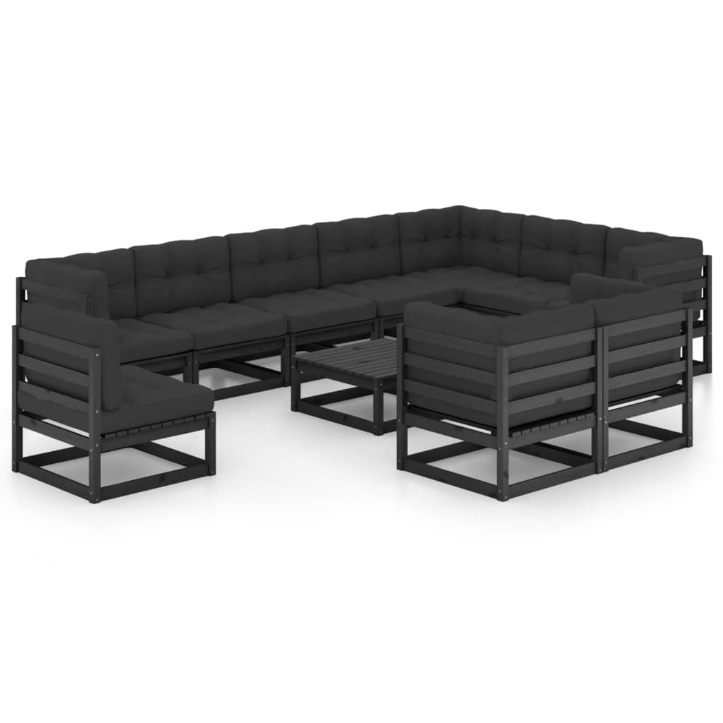 11-tlg. Garten-Lounge-Set mit Kissen Schwarz Kiefer Massivholz