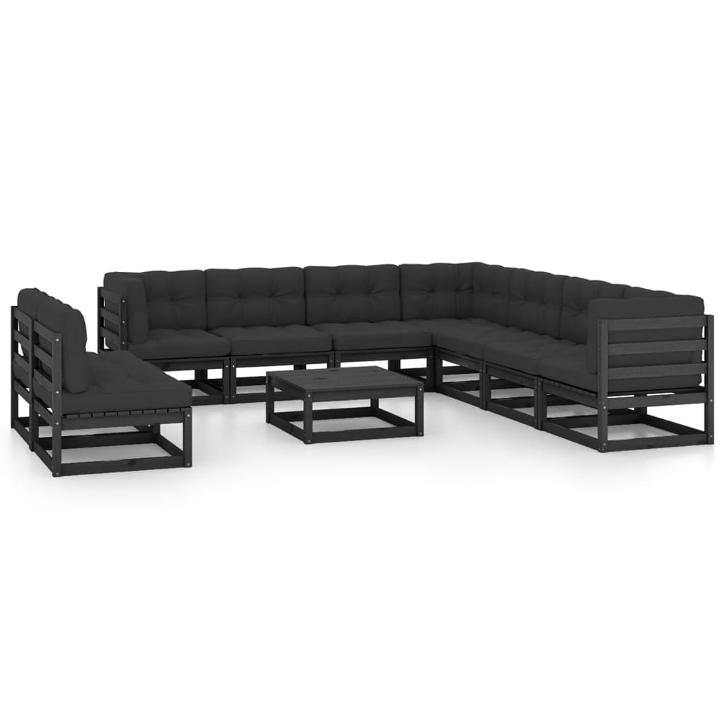 10-tlg. Garten-Lounge-Set mit Kissen Schwarz Massivholz Kiefer