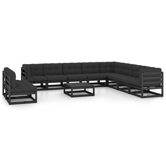 11-tlg. Garten-Lounge-Set mit Kissen Schwarz Kiefer Massivholz