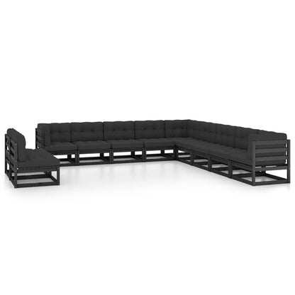 11-tlg. Garten-Lounge-Set mit Kissen Schwarz Kiefer Massivholz