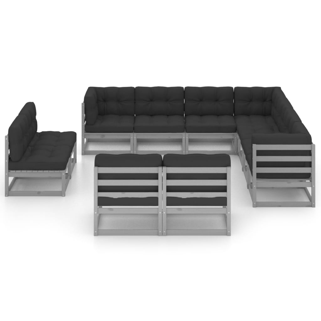 11-tlg. Garten-Lounge-Set mit Kissen Grau Kiefer Massivholz