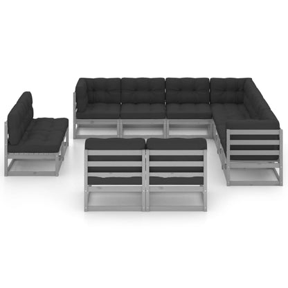 11-tlg. Garten-Lounge-Set mit Kissen Grau Kiefer Massivholz