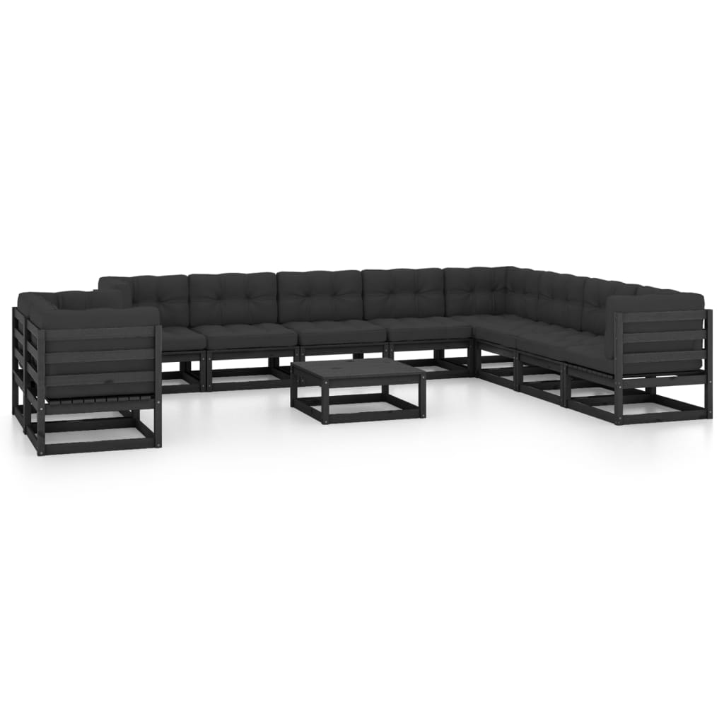 11-tlg. Garten-Lounge-Set mit Kissen Schwarz Kiefer Massivholz