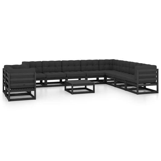 11-tlg. Garten-Lounge-Set mit Kissen Schwarz Kiefer Massivholz