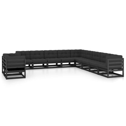 11-tlg. Garten-Lounge-Set mit Kissen Schwarz Kiefer Massivholz