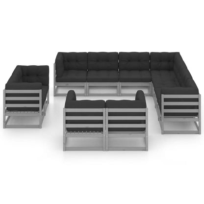 11-tlg. Garten-Lounge-Set mit Kissen Grau Kiefer Massivholz