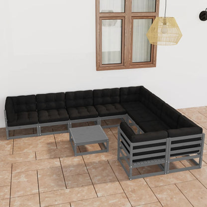 10-tlg. Garten-Lounge-Set mit Kissen Grau Massivholz Kiefer