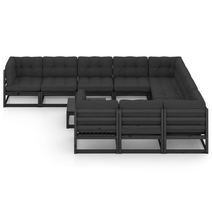 11-tlg. Garten-Lounge-Set mit Kissen Schwarz Kiefer Massivholz