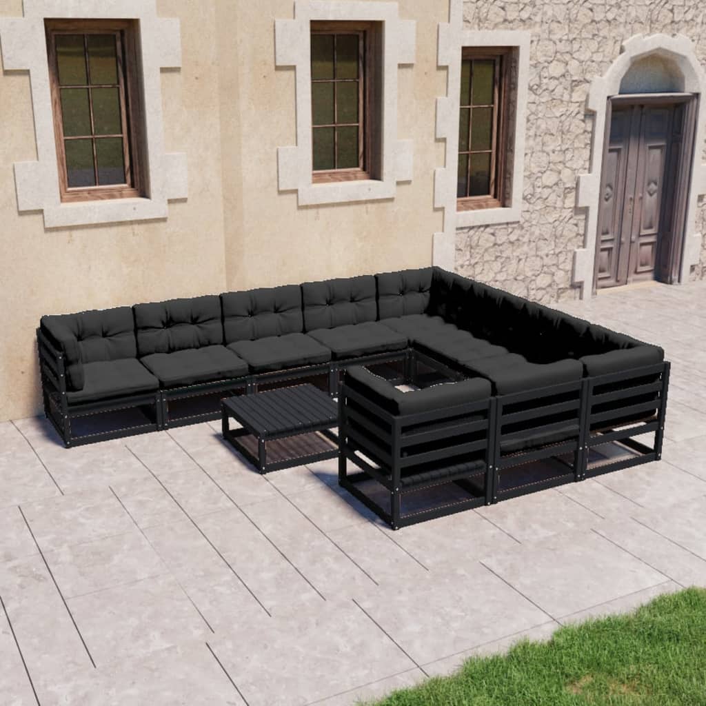 11-tlg. Garten-Lounge-Set mit Kissen Schwarz Kiefer Massivholz