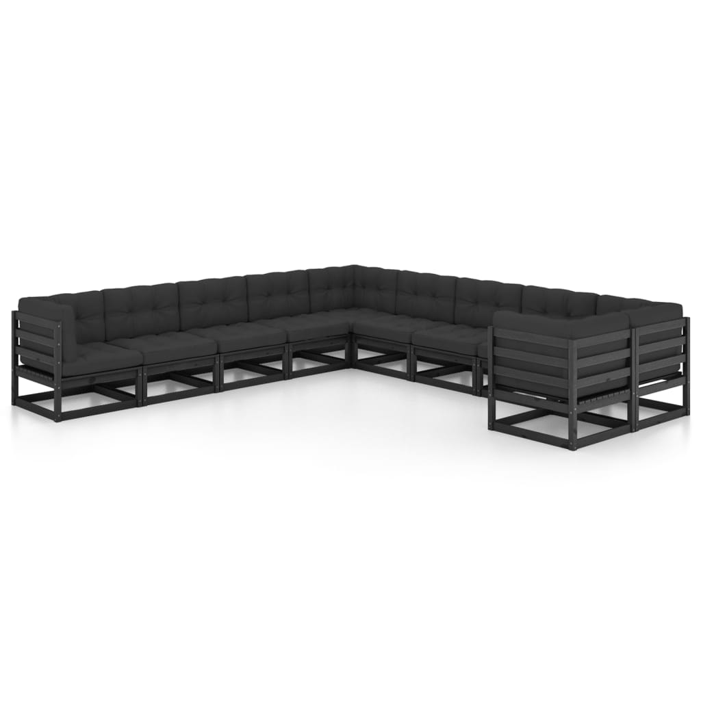 10-tlg. Garten-Lounge-Set mit Kissen Schwarz Massivholz Kiefer