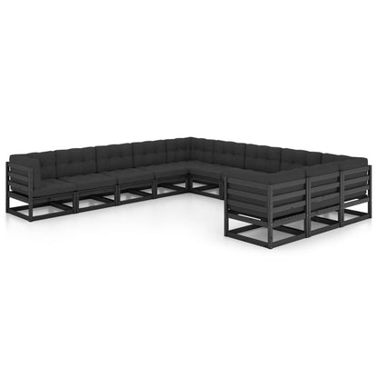 11-tlg. Garten-Lounge-Set mit Kissen Schwarz Kiefer Massivholz