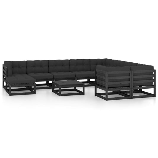 11-tlg. Garten-Lounge-Set mit Kissen Schwarz Kiefer Massivholz