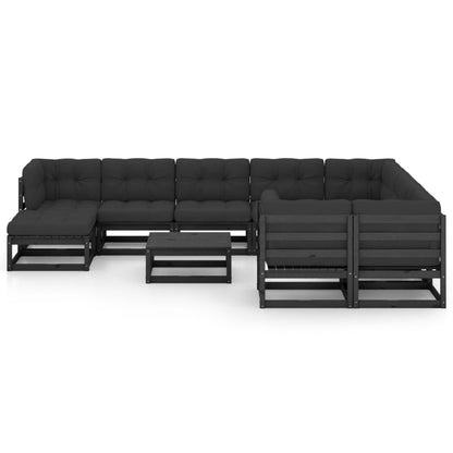 11-tlg. Garten-Lounge-Set mit Kissen Schwarz Kiefer Massivholz