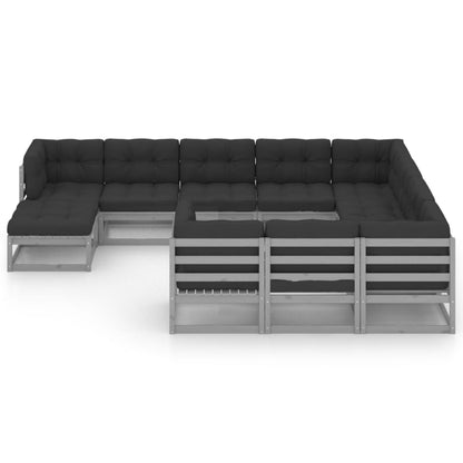 11-tlg. Garten-Lounge-Set mit Kissen Grau Kiefer Massivholz