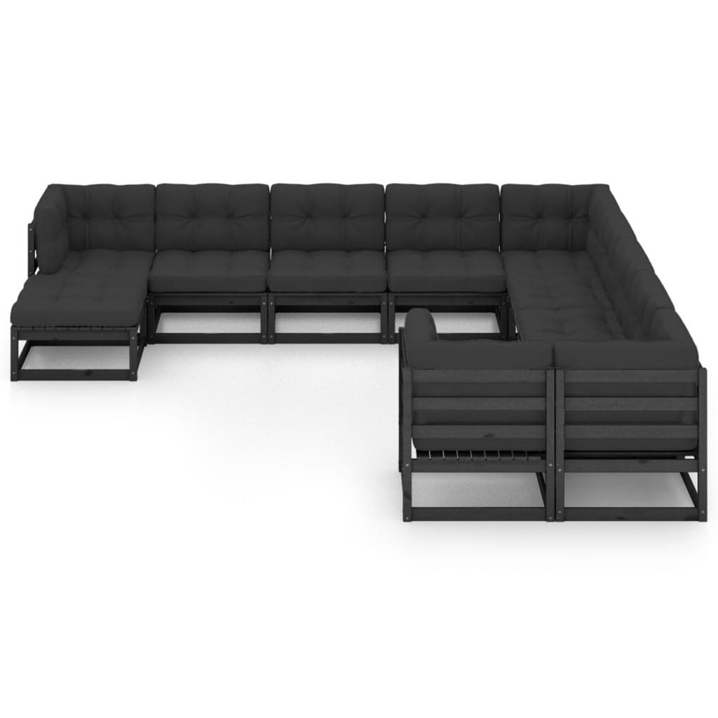 11-tlg. Garten-Lounge-Set mit Kissen Schwarz Kiefer Massivholz