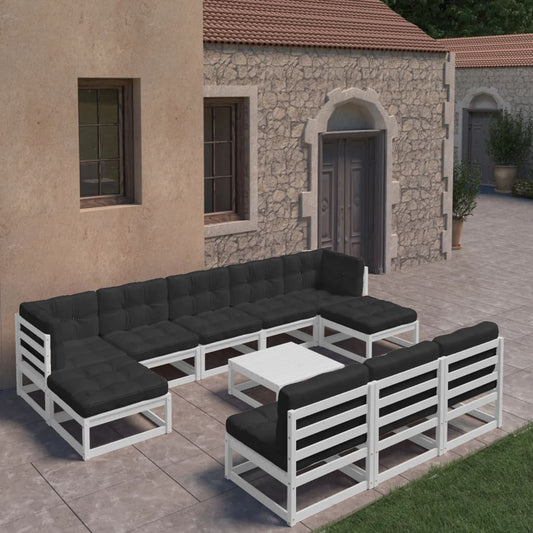 11-tlg. Garten-Lounge-Set mit Kissen Weiß Kiefer Massivholz