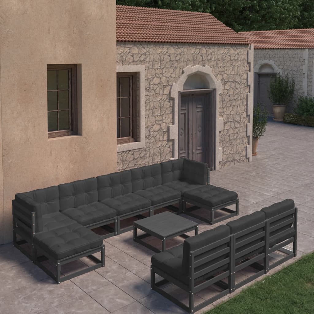 11-tlg. Garten-Lounge-Set mit Kissen Schwarz Kiefer Massivholz