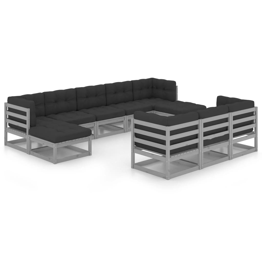 10-tlg. Garten-Lounge-Set mit Kissen Grau Massivholz Kiefer