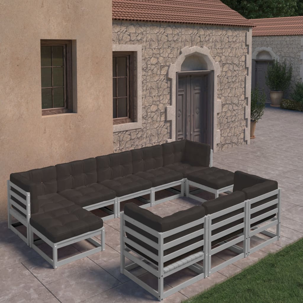 10-tlg. Garten-Lounge-Set mit Kissen Grau Massivholz Kiefer