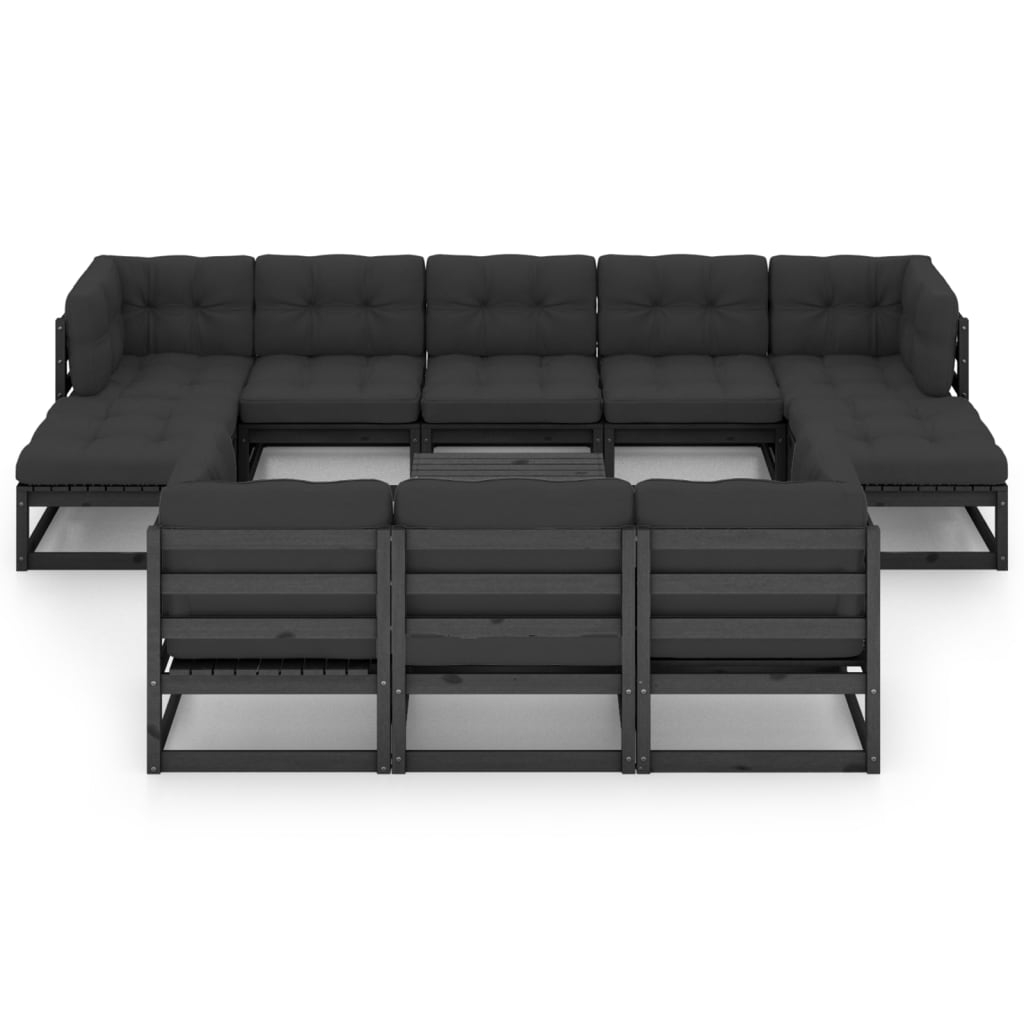 11-tlg. Garten-Lounge-Set mit Kissen Schwarz Kiefer Massivholz