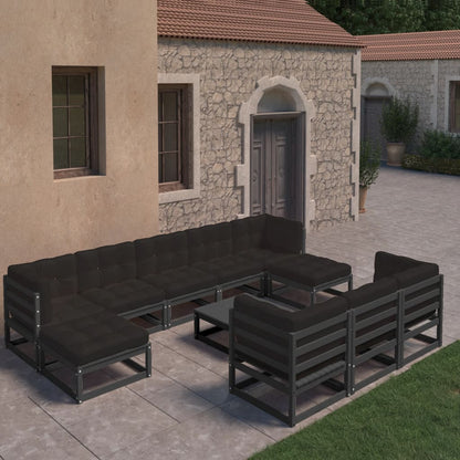 11-tlg. Garten-Lounge-Set mit Kissen Schwarz Kiefer Massivholz