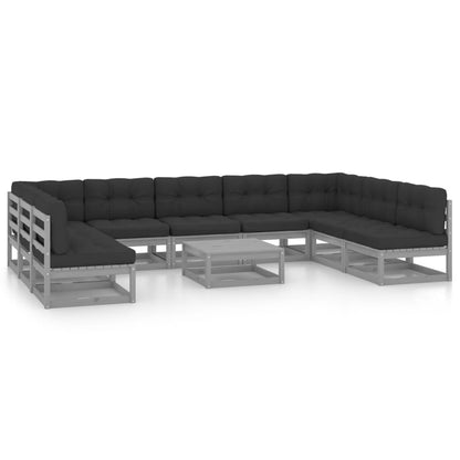 10-tlg. Garten-Lounge-Set mit Kissen Grau Massivholz Kiefer