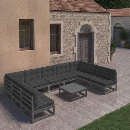 10-tlg. Garten-Lounge-Set mit Kissen Schwarz Massivholz Kiefer