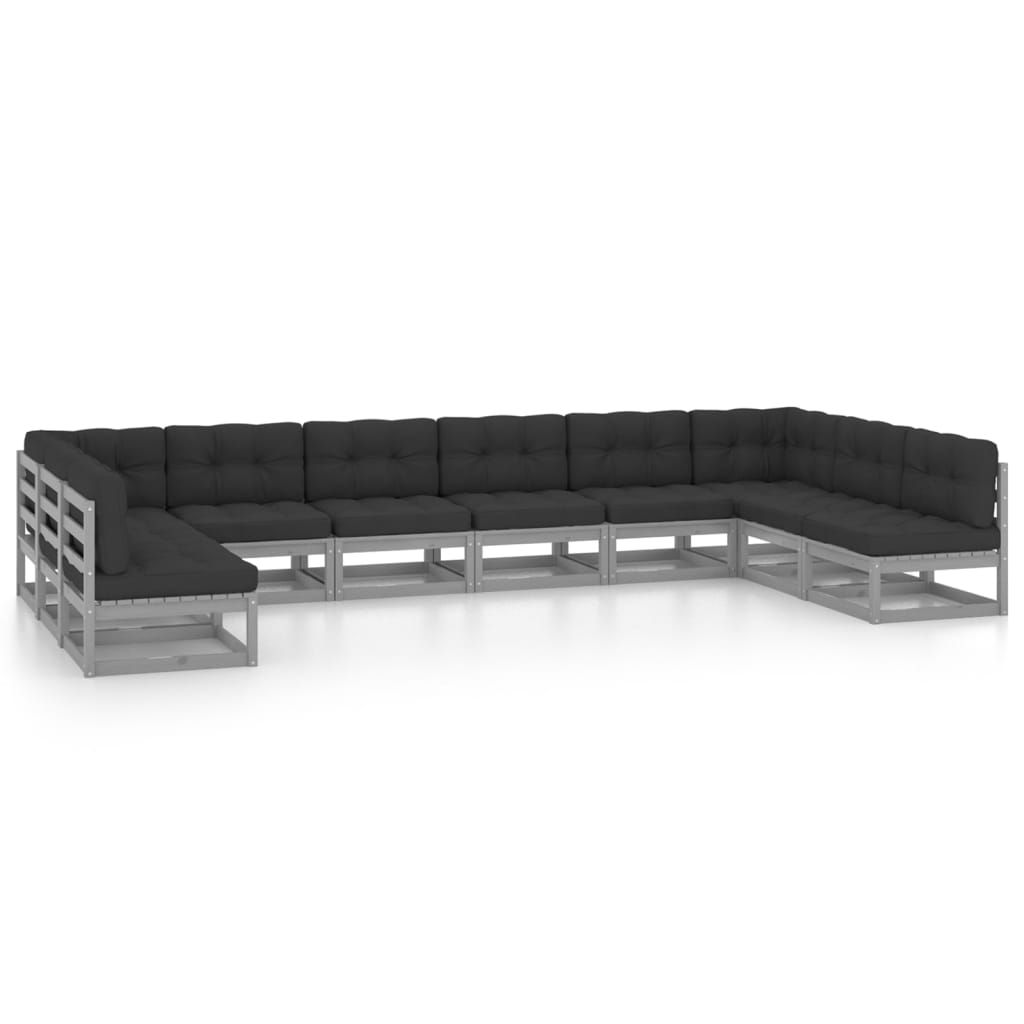 10-tlg. Garten-Lounge-Set mit Kissen Grau Massivholz Kiefer