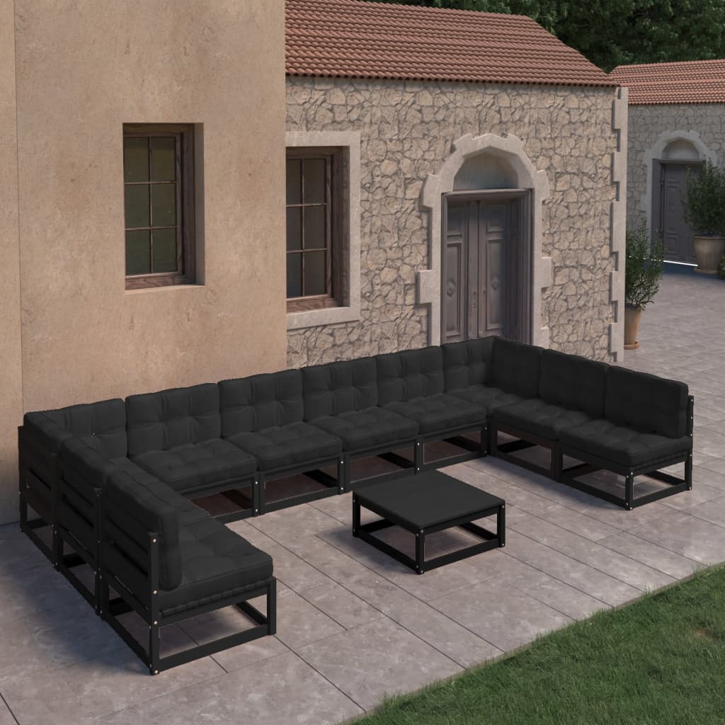 11-tlg. Garten-Lounge-Set mit Kissen Schwarz Kiefer Massivholz