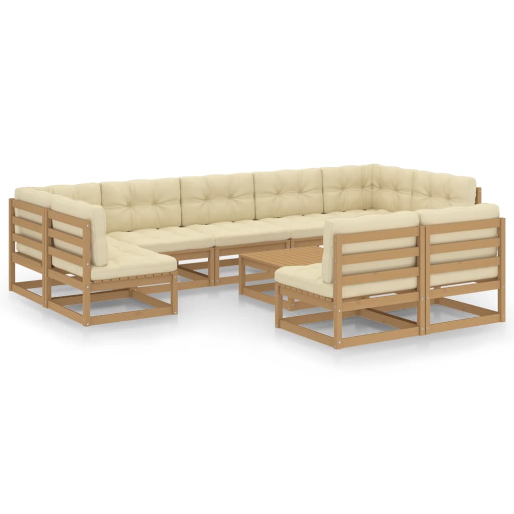 10-tlg. Garten-Lounge-Set mit Kissen Honigbraun Massivholz