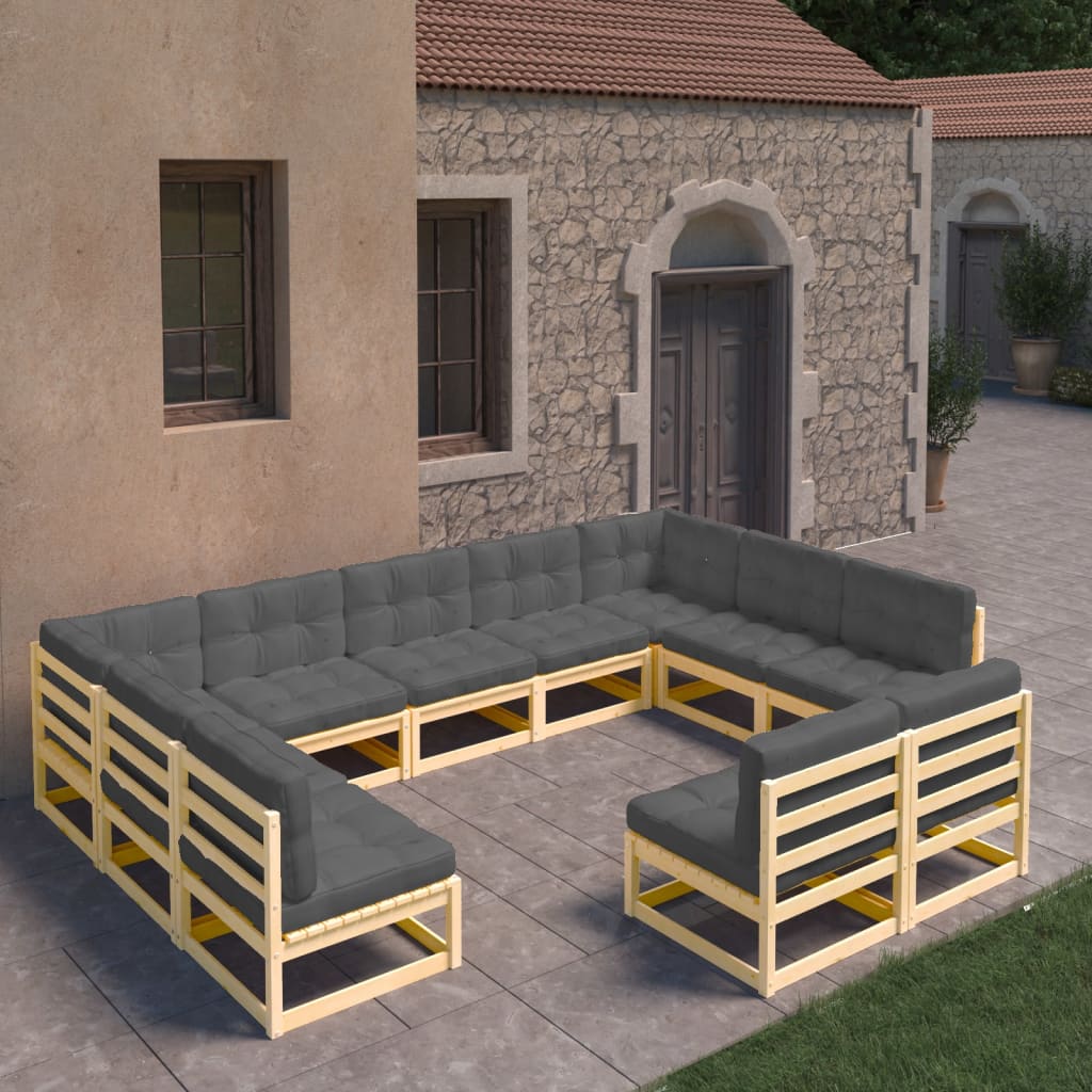 11-tlg. Garten-Lounge-Set mit Kissen Kiefer Massivholz